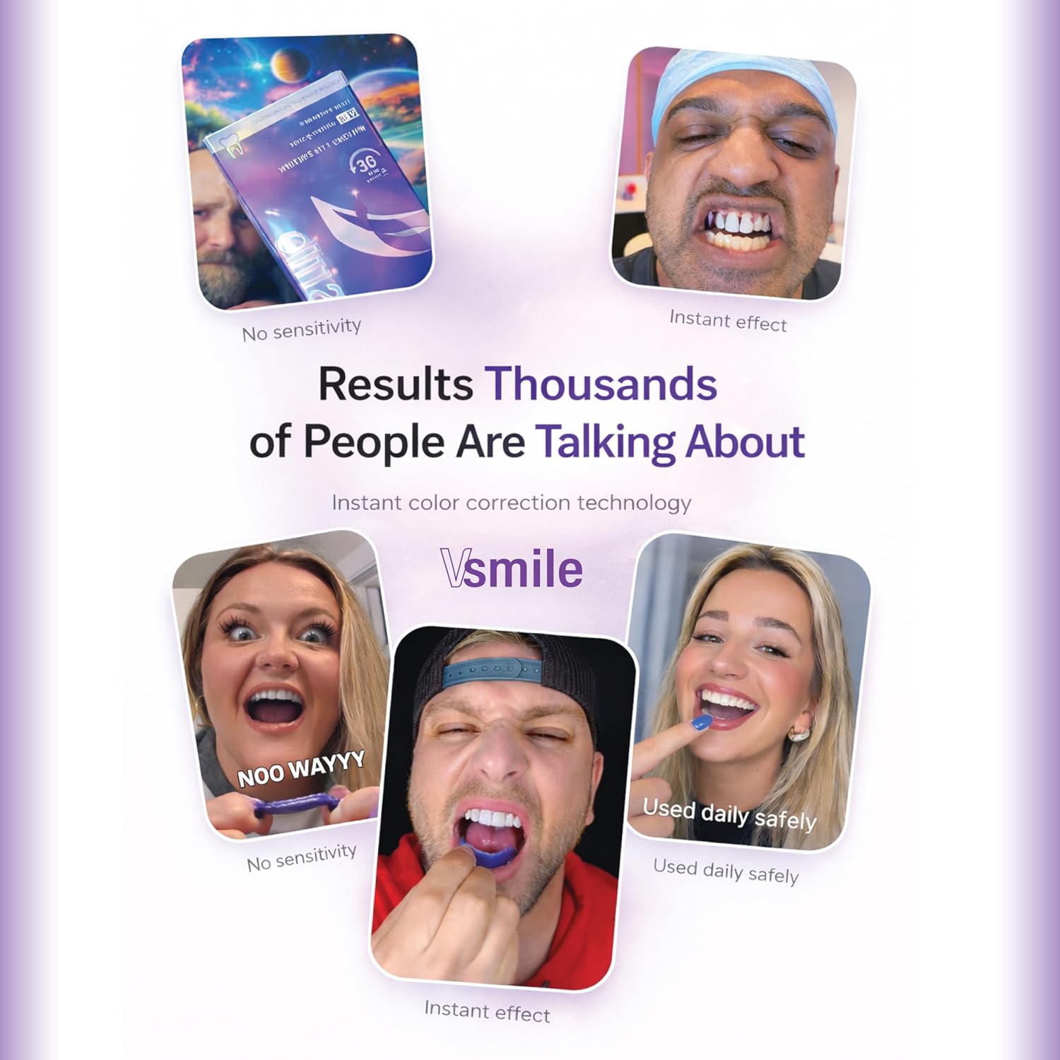 Advertisement for a product with user testimonials on a light purple background